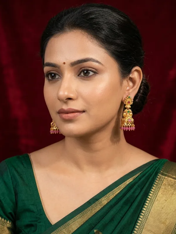 Three-Tier_Gold_Jhumka_Earrings_with_Pink_Hanging_Beads