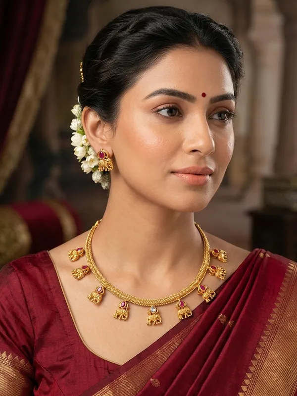 Traditional_Gold_Elephant_Motif_Necklace_with_Small_Red_Stones