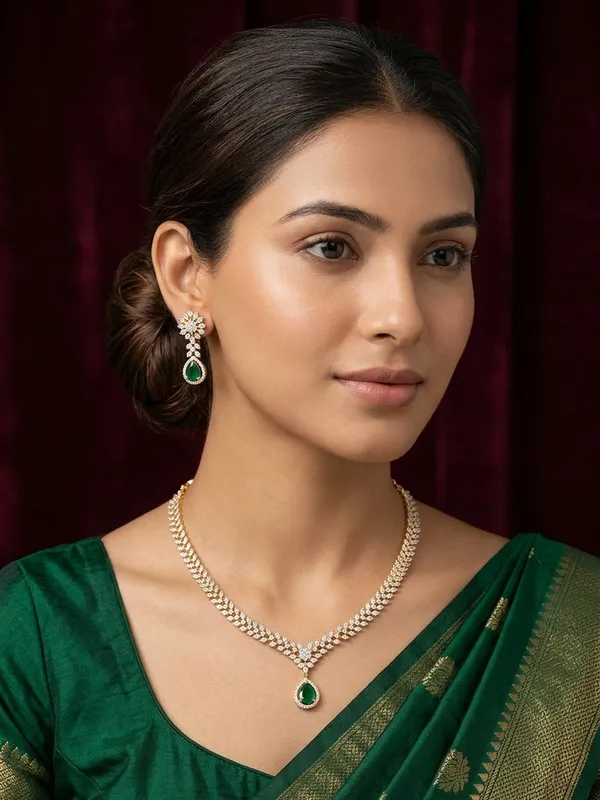 V-Shape_Diamond_Choker_Necklace_with_Tear_Drop_Green_Stone