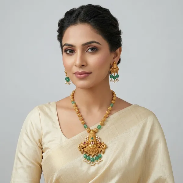 Gold_And_Green_Temple_Jewellery_Metal_Necklace_Set_For_Women