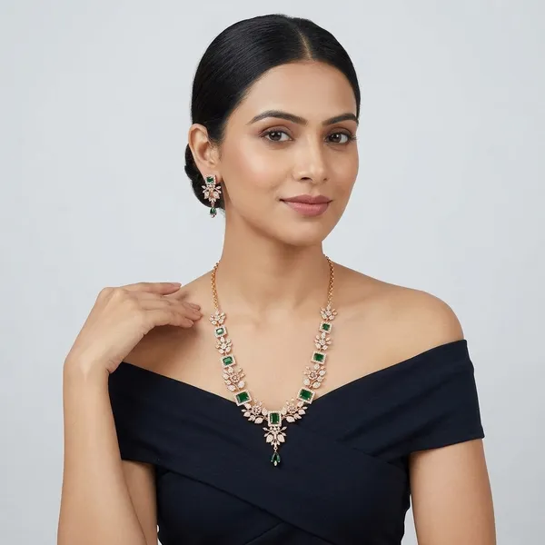 Rose_Gold_And_Green_Metal_Crystal_Floral_Necklace_Set_For_Women