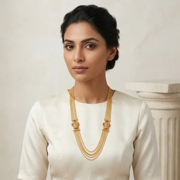 Gold_Metal_Multi_Strand_Chain_Necklace_With_Side_Pendant_For_Women