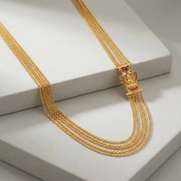 Gold_Metal_Multi_Strand_Chain_Necklace_With_Side_Pendant_For_Women