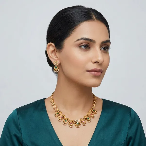 Gold_Metal_Stone_Studded_Floral_Necklace_Set_For_Women