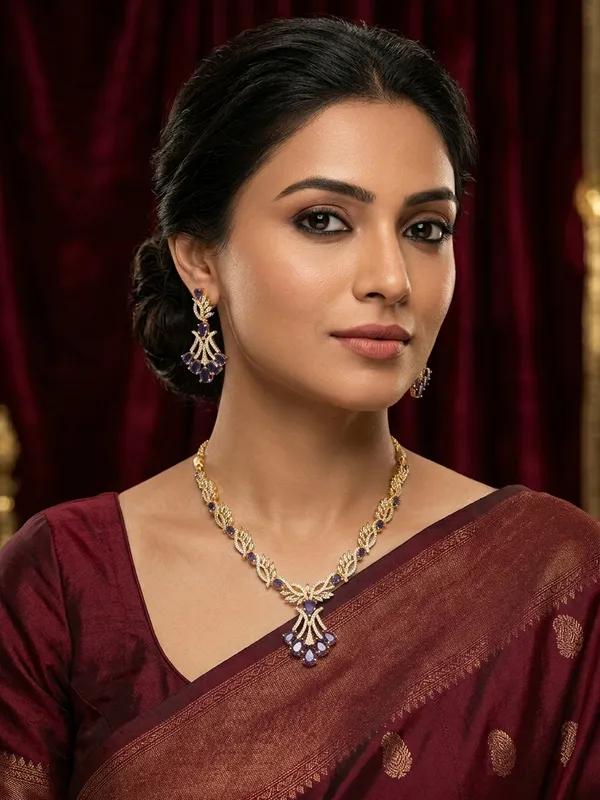 Floral_Leaf_Diamond_Necklace_featuring_Cluster_Purple_Gemstone_Accents