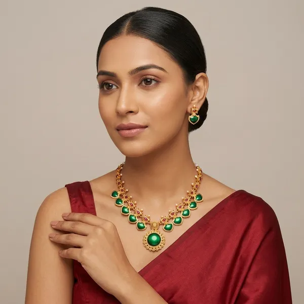 Green_And_Gold_Stone_Mango_Motif_Metal_Necklace_Set_For_Women