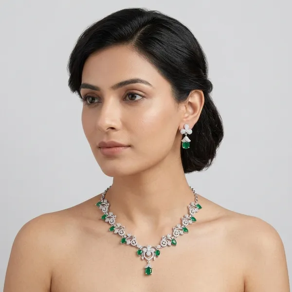 Silver_And_Green_Metal_Floral_Stone_Necklace_Set_For_Women