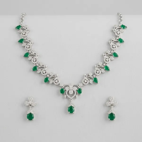 Silver_And_Green_Metal_Floral_Stone_Necklace_Set_For_Women