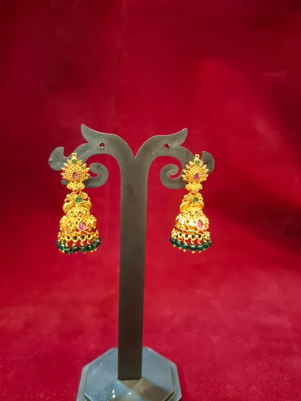 Antique_Gold_Peacock_Jhumka_Earrings_with_Green_Hanging_Beads