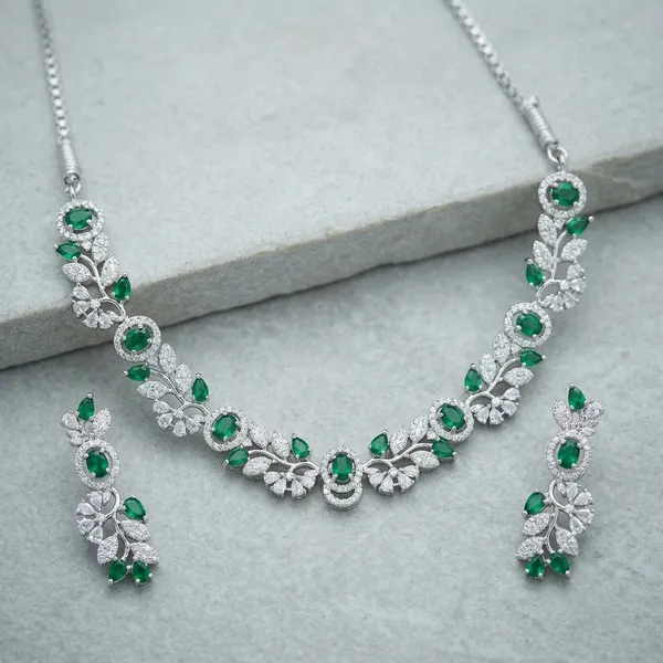 Green_And_White_Metal_American_Diamond_Floral_Necklace_Set_For_Women