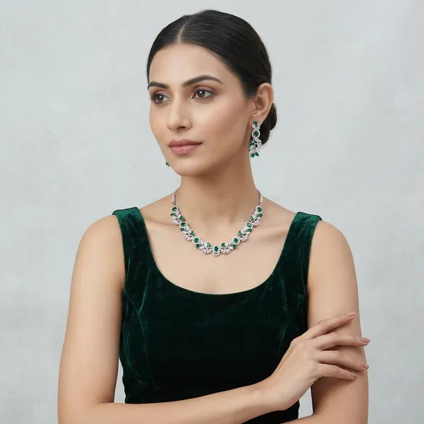 Green_And_White_Metal_American_Diamond_Floral_Necklace_Set_For_Women