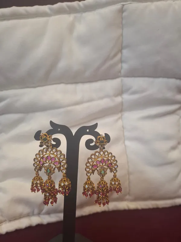 Gold_And_Pink_Metal_Kundan_Peacock_Jhumka_Earrings_For_Women