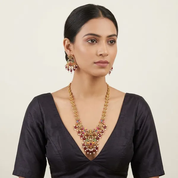 Gold_And_Pink_Metal_Kundan_Pearl_Drop_Necklace_Set_For_Women
