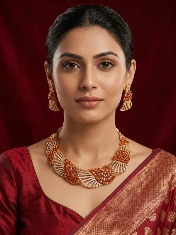 Contemporary_Gold_Fan_Shape_Choker_Necklace_with_Orange_Stone_Clusters