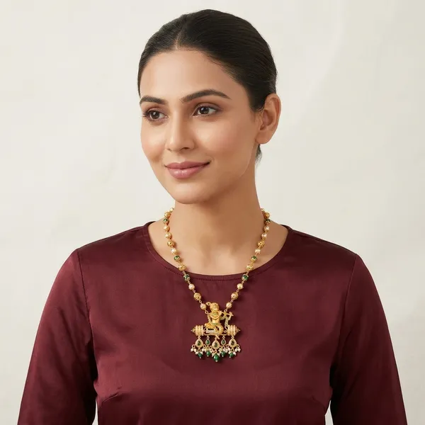 Gold_And_Green_Metal_Krishna_Pendant_Necklace_For_Women