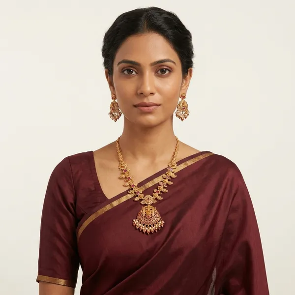 Gold_And_Ruby_Metal_Temple_Mango_Motif_Necklace_Set_For_Women