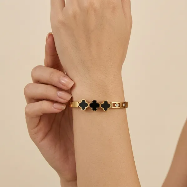 Gold_Tone_Clover_Crystal_Accent_Metal_Bracelet_For_Women