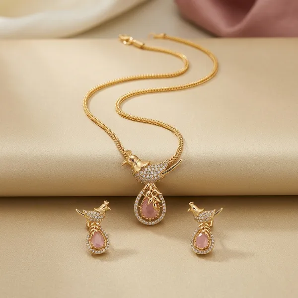 Gold_And_Pink_Metal_Stone_Pendant_Necklace_Set_For_Women