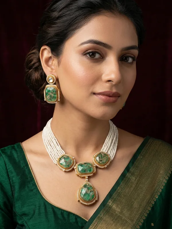 Multi-Strand_Seed_Pearl_Necklace_with_Square_Green_Raw_Stones