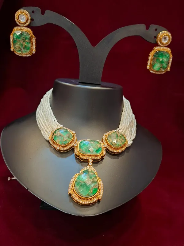 Multi-Strand_Seed_Pearl_Necklace_with_Square_Green_Raw_Stones