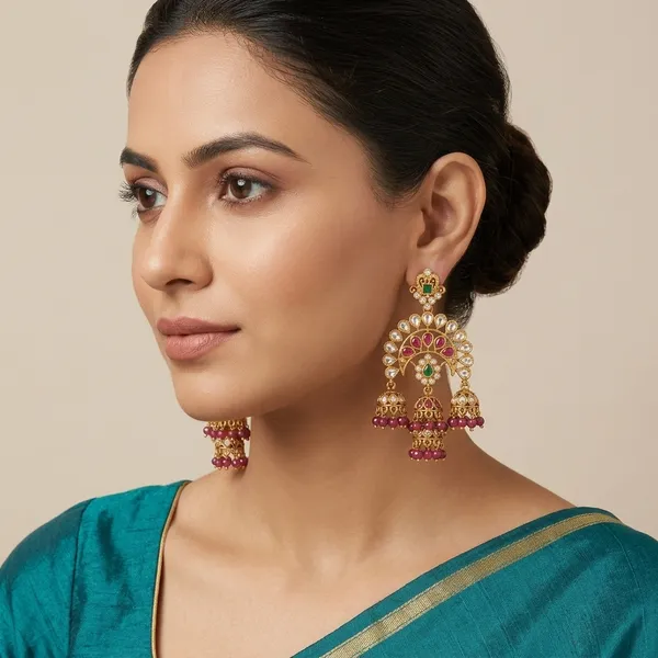 Gold_And_Pink_Metal_Kundan_Peacock_Jhumka_Earrings_For_Women
