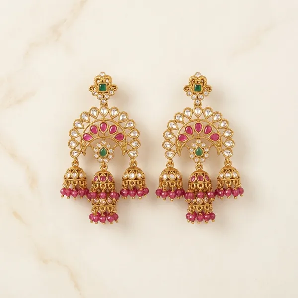 Gold_And_Pink_Metal_Kundan_Peacock_Jhumka_Earrings_For_Women