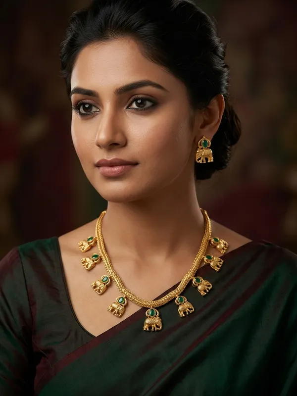 Traditional_Gold_Chain_Necklace_with_Hanging_Elephant_Motifs_and_Green_Stones