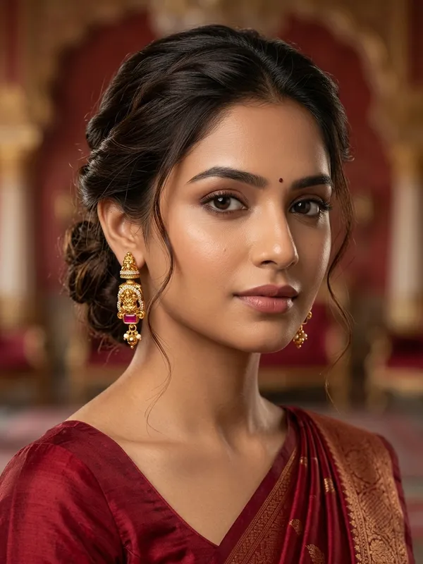 Antique_Gold_Temple_Jewelry_Earrings_featuring_Lakshmi_Motif_and_Pink_Stone
