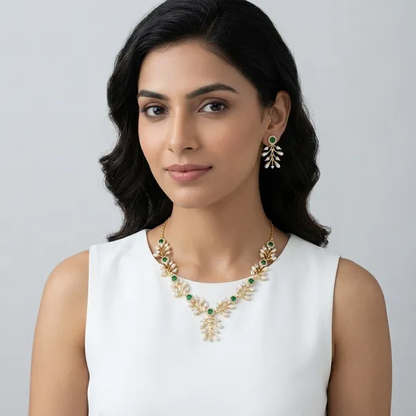 Gold_And_Green_Metal_Leaf_Design_Necklace_Set_For_Women