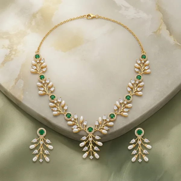 Gold_And_Green_Metal_Leaf_Design_Necklace_Set_For_Women