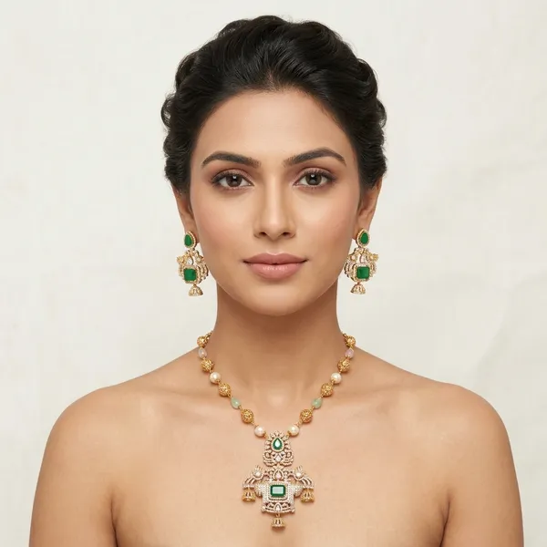 Antique_Gold_Metal_Green_Stone_Necklace_Set_For_Women
