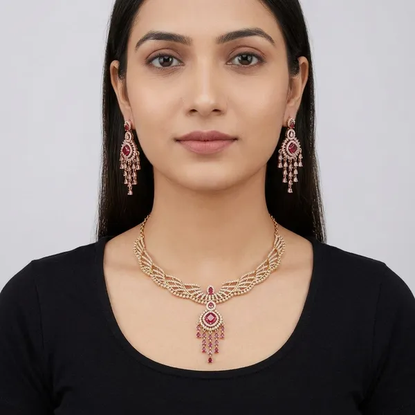 Pink_Crystal_Rose_Gold_Metal_Chandelier_Necklace_Set_For_Women