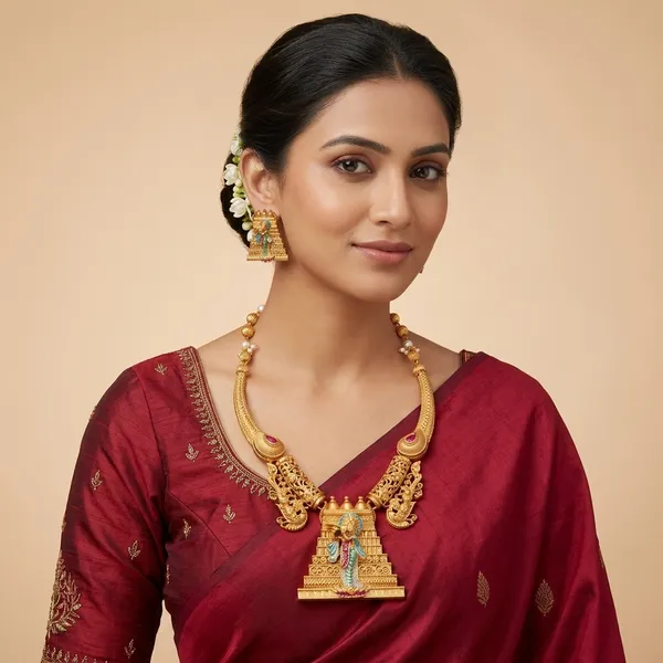 Gold_Metal_Temple_Design_Peacock_Necklace_Set_For_Women