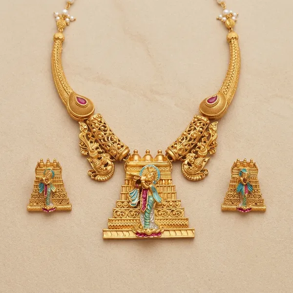 Gold_Metal_Temple_Design_Peacock_Necklace_Set_For_Women