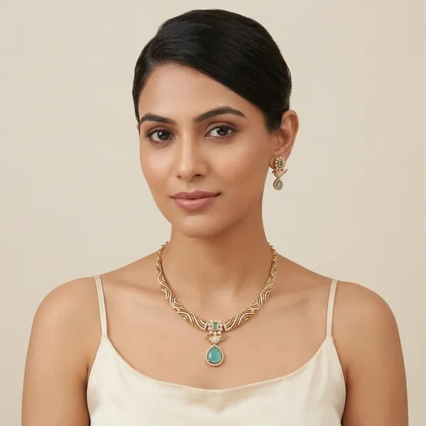 Gold_And_Turquoise_Metal_Stone_Pendant_Necklace_Set_For_Women