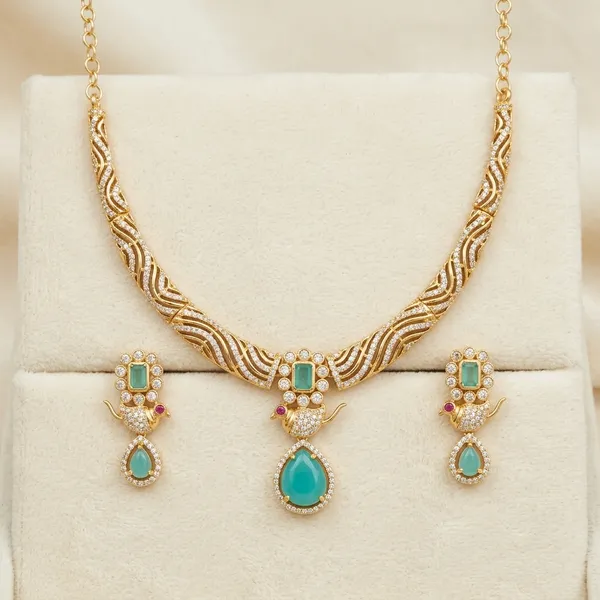 Gold_And_Turquoise_Metal_Stone_Pendant_Necklace_Set_For_Women