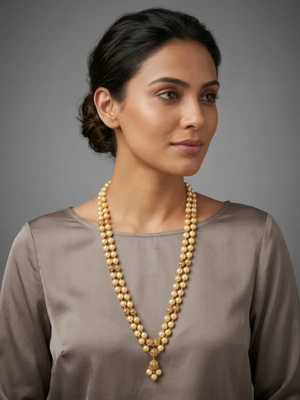 Two-Strand_Golden_Pearl_Necklace_with_Gold_Beads_and_Pendant