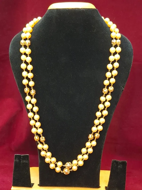 Two-Strand_Golden_Pearl_Necklace_with_Gold_Beads_and_Pendant
