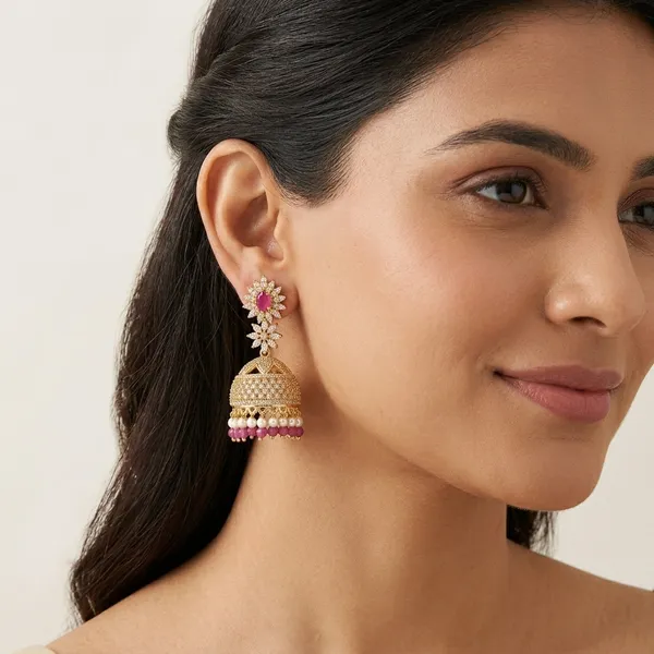 Gold_And_Pink_Metal_Floral_Jhumka_Earrings_For_Women
