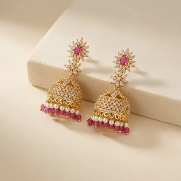 Gold_And_Pink_Metal_Floral_Jhumka_Earrings_For_Women