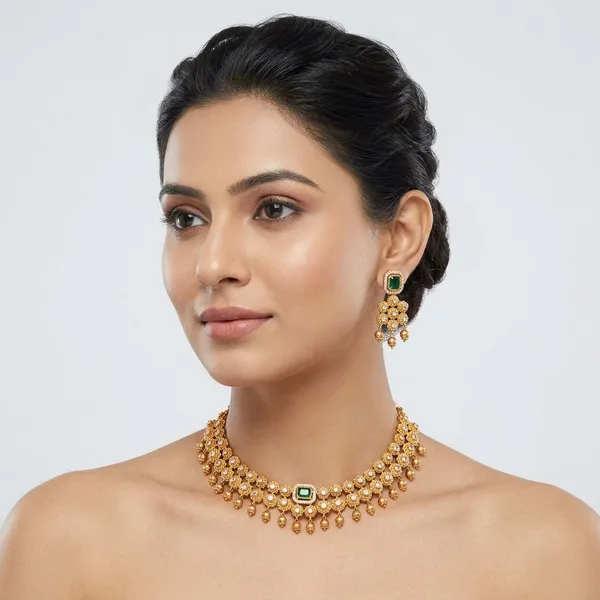 Gold_And_Green_Metal_Polki_Kundan_Choker_Necklace_Set_For_Women