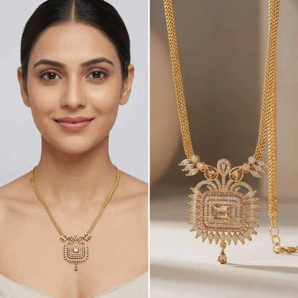 Gold_Metal_Ornate_Rectangular_Pendant_Chain_Necklace_For_Women