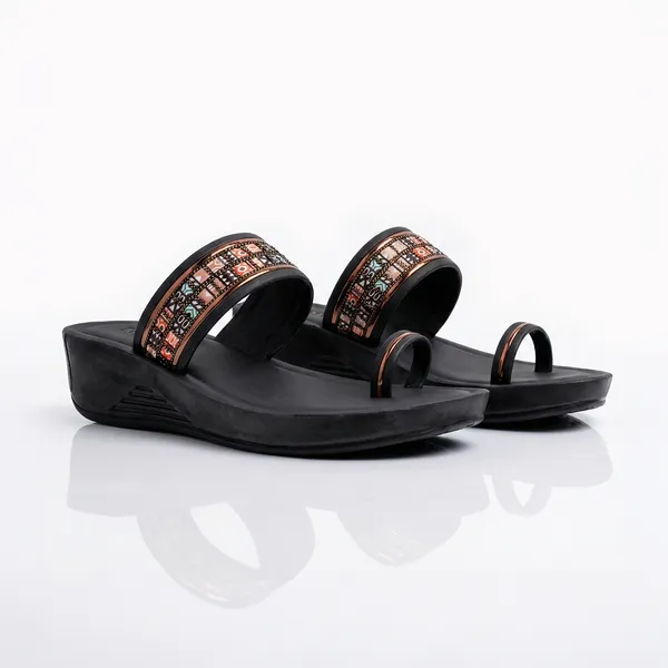 Women's_Stylish_Toe-Ring_Multicolor_Ethnic_Strap_Wedge-Heel_Sandal-7030-Black