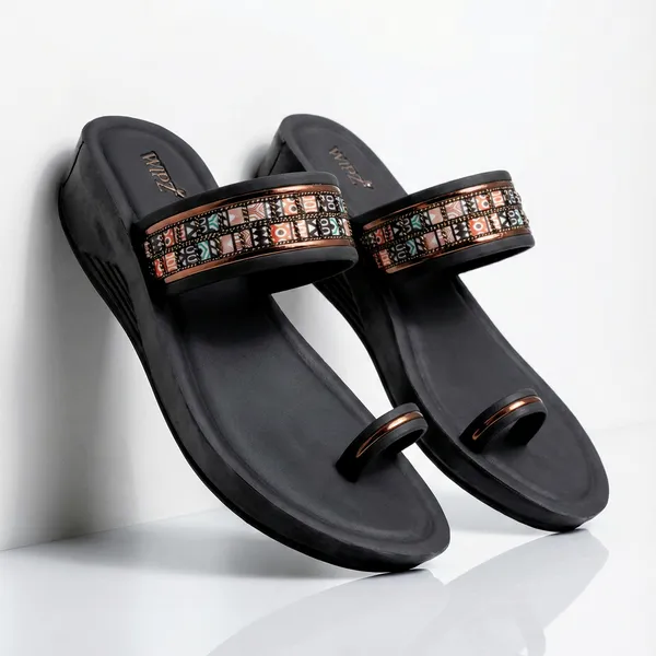Women's_Stylish_Toe-Ring_Multicolor_Ethnic_Strap_Wedge-Heel_Sandal-7030-Black