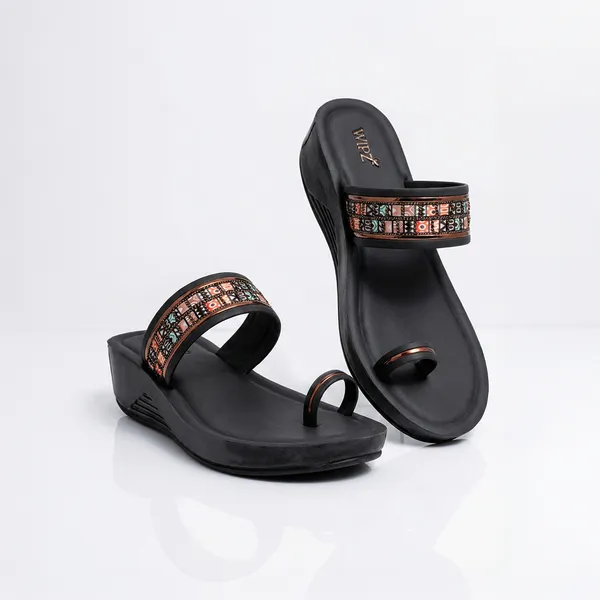 Women's_Stylish_Toe-Ring_Multicolor_Ethnic_Strap_Wedge-Heel_Sandal-7030-Black