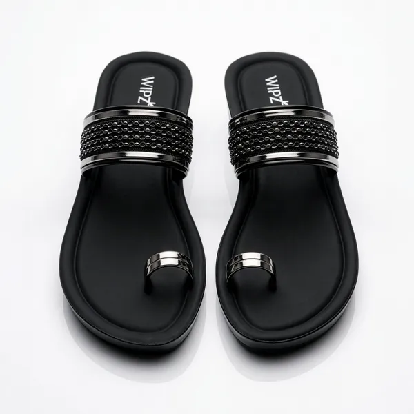 Women's_Stylish_Textured_Metallic_Strap_Toe-Ring_Wedge-Sandal-7013-Black