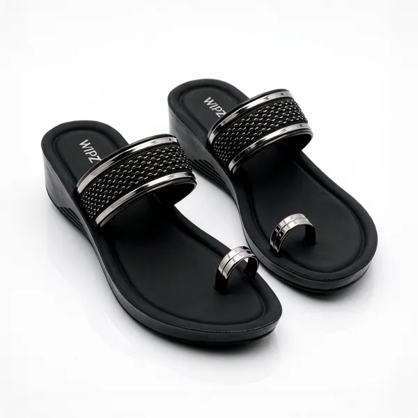 Women's_Stylish_Textured_Metallic_Strap_Toe-Ring_Wedge-Sandal-7013-Black