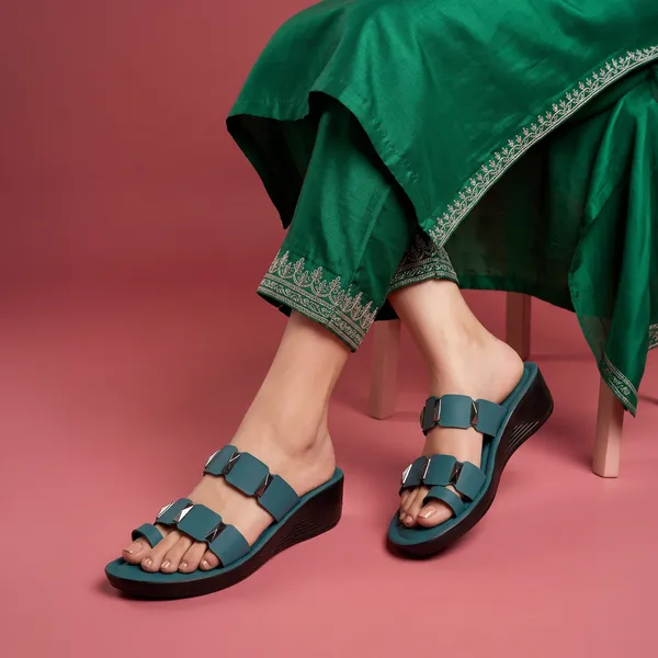 Women's_Stylish_Toe-Ring_Dual-Straps_Wedge-Heel_Sandal-7011-Green