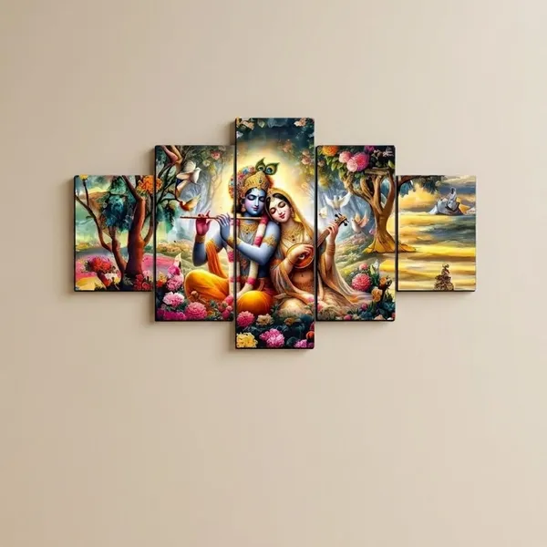 Crystalsign_Krishna_with_Radha_Paintings_for_Wall_Decoration_-_Set_Of_Five,_3d_modern_art_Painting_for_Living_Room_Large_Size_with_Frames_for_Home_Decoration,_Hotel,_Office