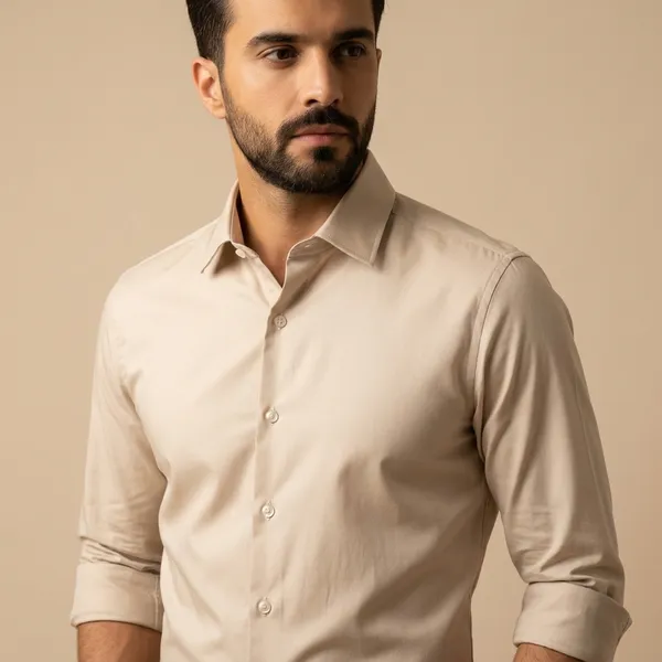 Mens_Cream_Solid_Casual_Cotton_Shirt_With_Rolled_Sleeves